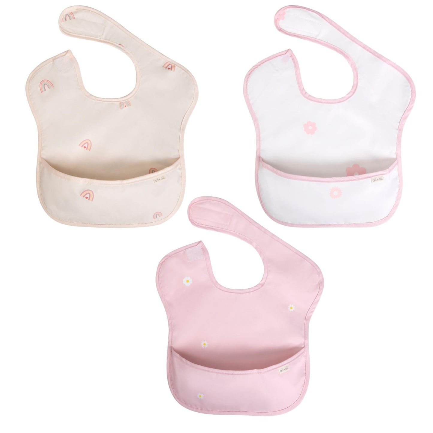 Ali+Oli Smock Bib for Baby (3-pc) Sleeveless Set (Girls) BPA-Free Oeko-Tex Certified, Mess Proof Baby Bib for Eating, Waterproof