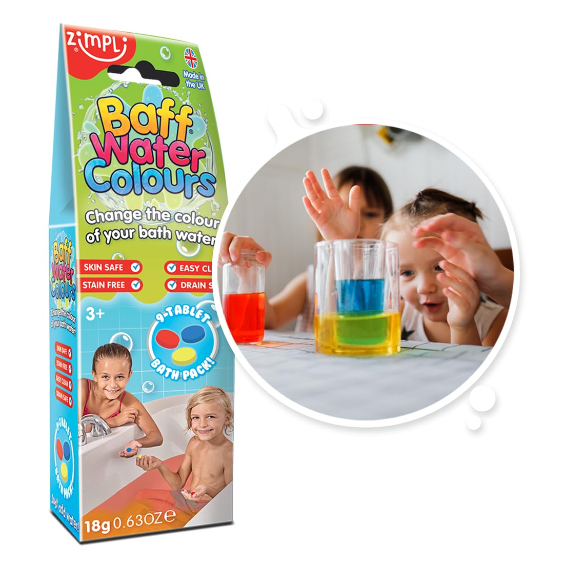 9 Use Baff Water Colours Pack from Zimpli Kids, Colour Changing Bath Drops, Color Changing Tabs, Learning & Educational Bathtime