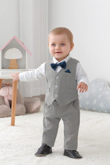 Disaur Baby Boy Suit Long Sleeve Infant White Shirt Gray Vest Pants Bow Tie Baby Boy Thanksgiving Outfit 9 12 Months 1T