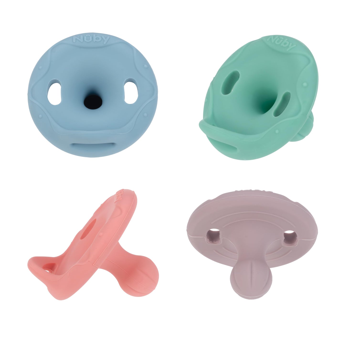 Nuby 2 Piece 100% Silicone Cherry/Natural Shape Pacifiers, 6-12 Months, Blue/Green or Pink/Purple