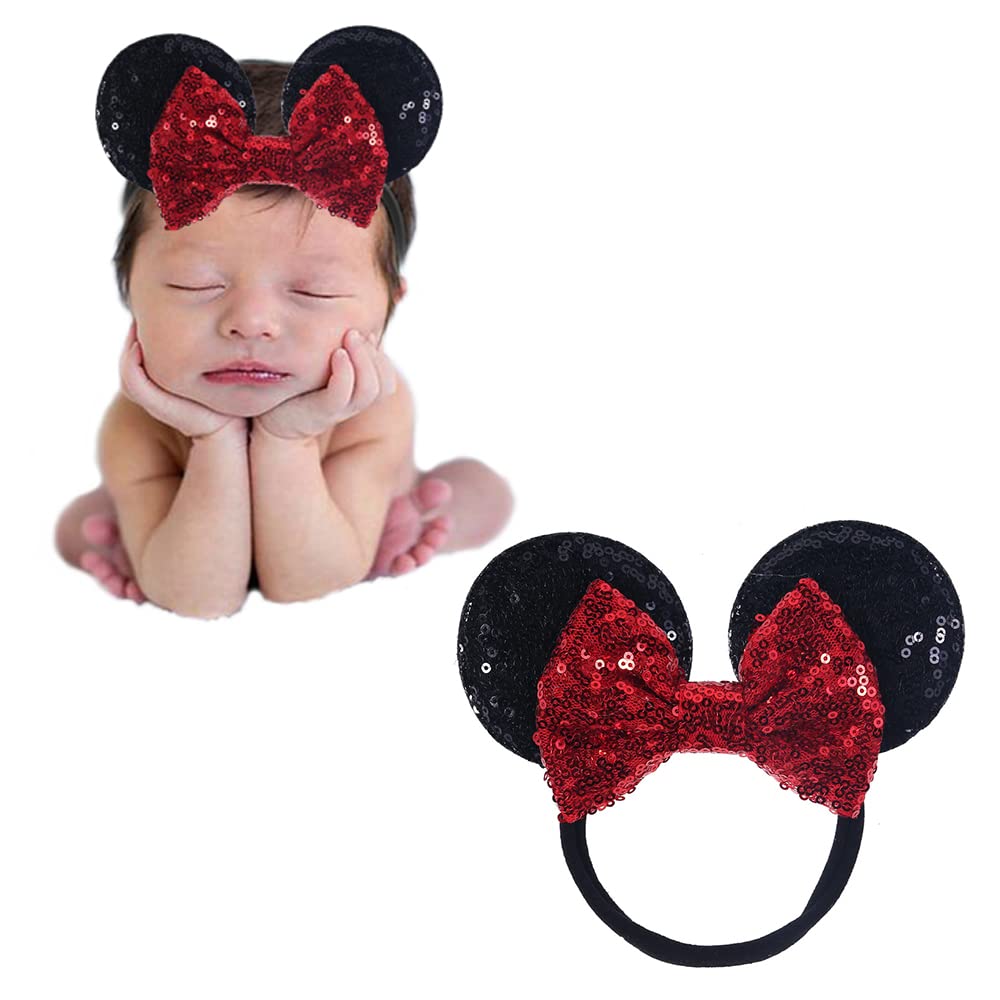 Jiahang Mouse Ear Nylon Headband With Sequin Bow, Soft Elastic Hair Bow Hair Band, Costume Headwear For Baby Newborn Infant Todd