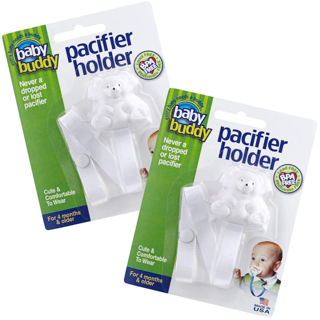 Baby Buddy Pacifier Clip Holder, Newborn Essential with Universal Fit for all Binky and Teether Brands, Ages 4+ Months, White, 2