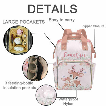 M Yescustom Customized Cute Deer Diaper Bag With Name, Personalized Pink Floral Waterproof Mommy Nursing Nappy Backpack With Lar