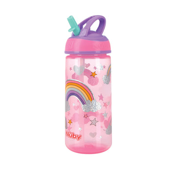 Nuby 2 Pack Iridescent Pp Flip-It Kids On-The-Go Printed Water Bottle With Bite Proof Hard Straw - 18Oz / 540 Ml, 18+ Months, 2