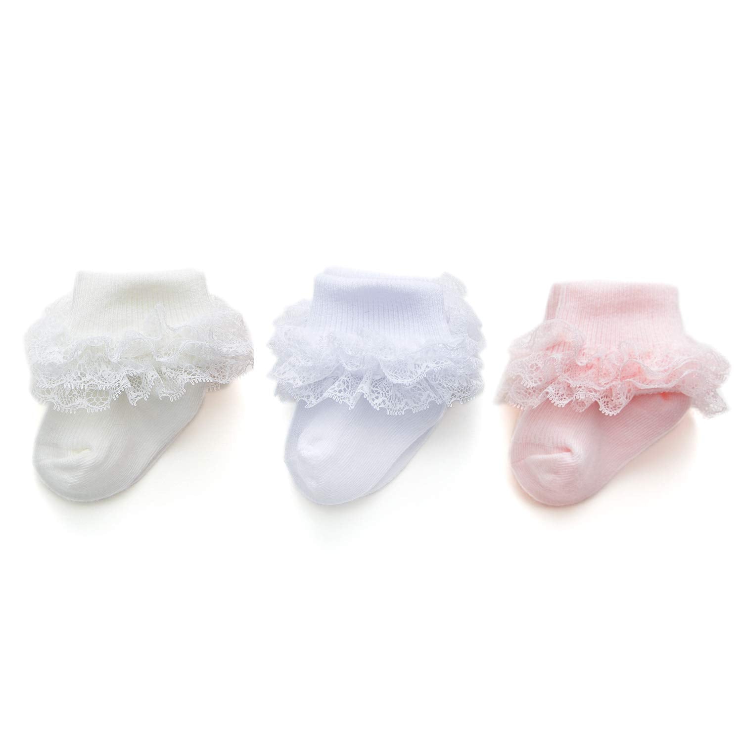 Epeius 3 Pairs Baby-Girls Eyelet Turn Cuff Ruffle Frilly Lace Socks Toddlers Girls Triple Lace Dressy Socks Gift Box White/Cream