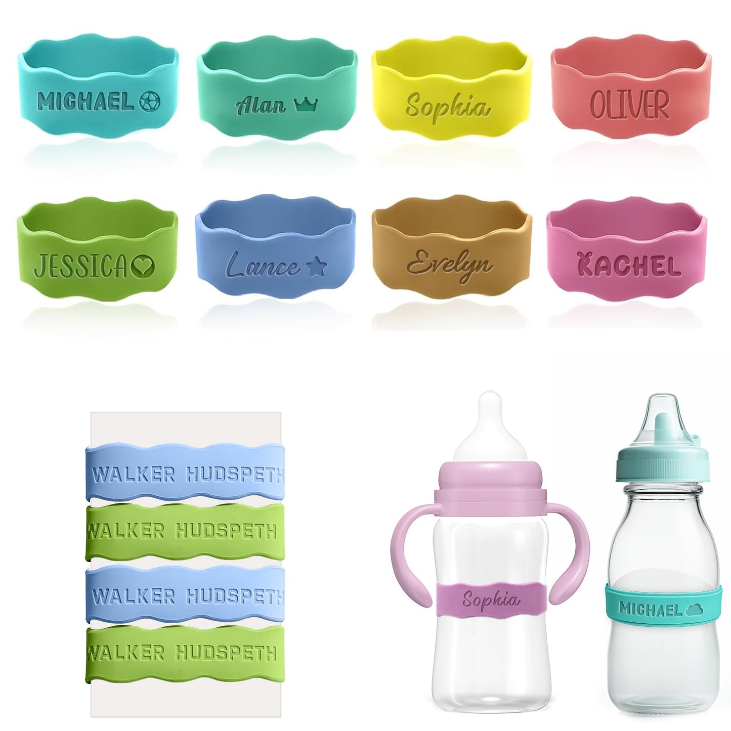 3UMeter 4PCS Personalized Waterproof Name Labels for Kids Custom Silicone Bottle Labels Engraved Non-Slip Elastic Reusable Water