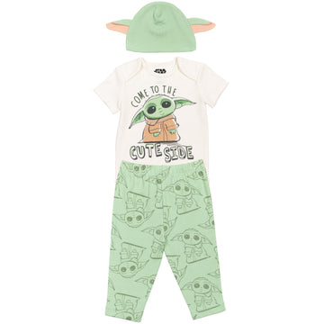 Star Wars Mandalorian Baby Yoda Baby Boys 3 Piece Outfit Set: Bodysuit Pants Hat 0-3 Months Green/White