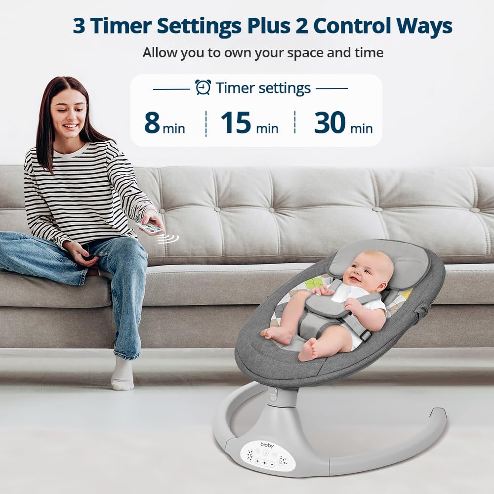 Bioby Baby Swing For Infants With 5 Natural Sway Speeds, Portable Bt Music Bouncer With Remote Control & 5-Point Harness, Lightw