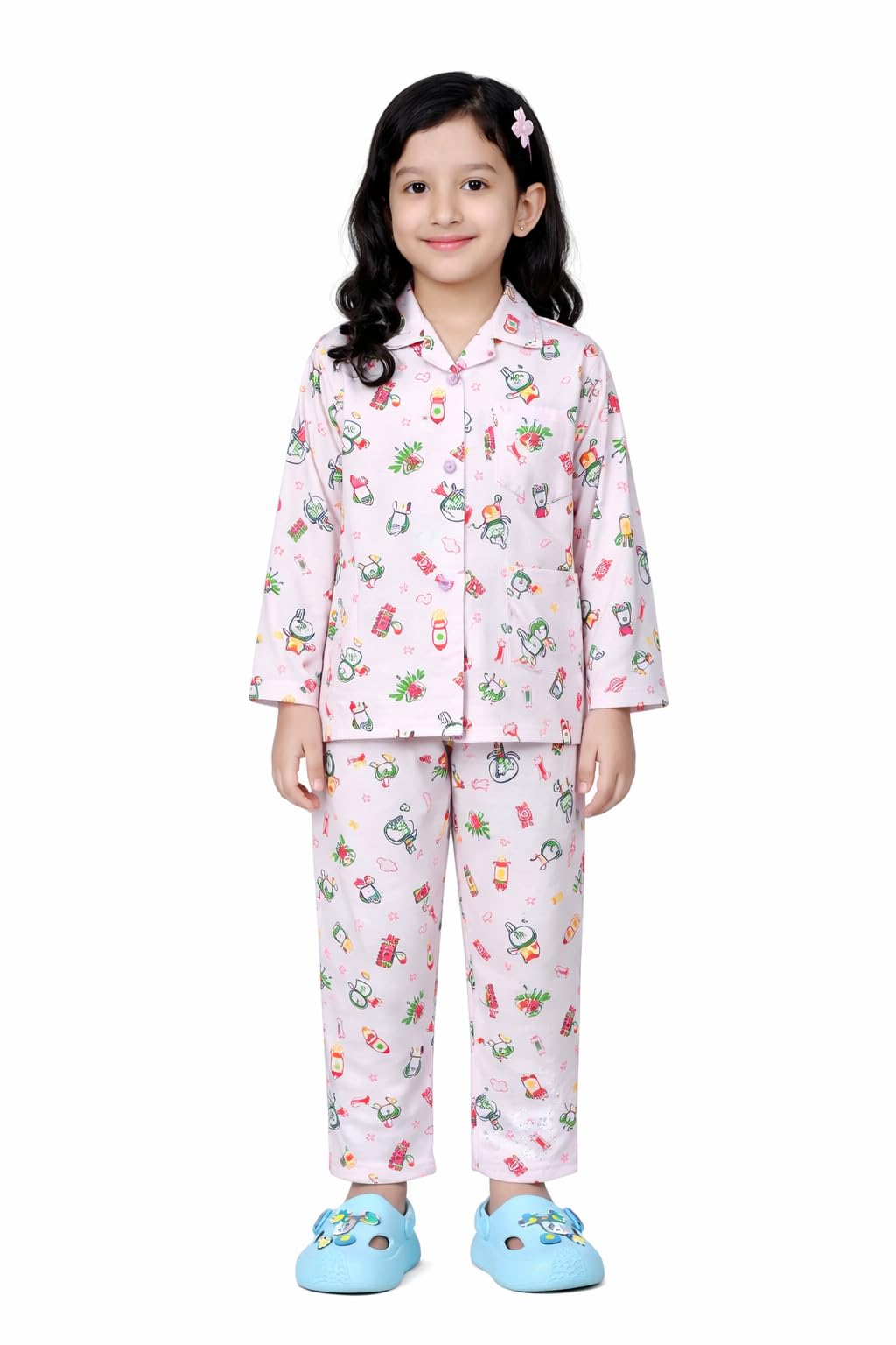 Chiclift Girls Night Suit Pajama Set, Pink, Long Sleeve, Space Printed Pattern with Cartoon Design (2 Years3 Years)