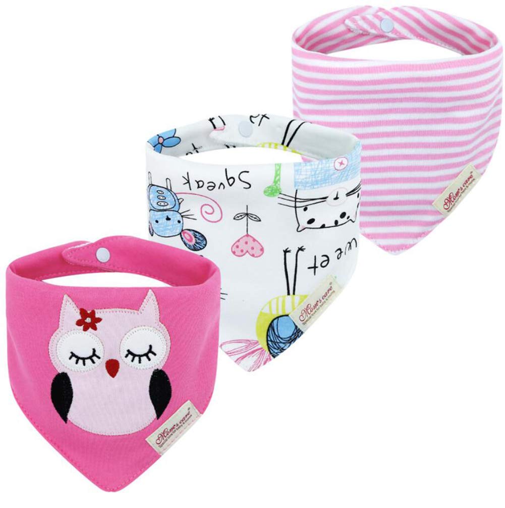 Jn&Lulu 3 Pack Newborn Baby Bibs Bandana Drool Bibs For Drooling Cotton Baby Gifts (Pink Owl)