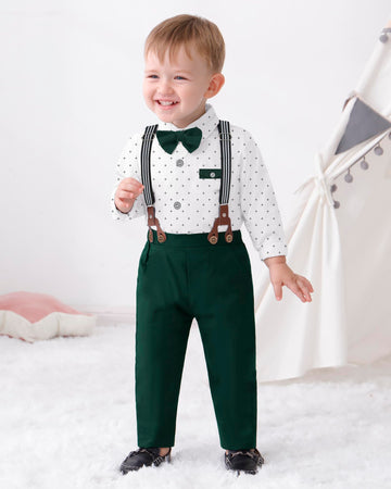 Disaur Toddler Boy Suits Gentleman Wedding Outfits,Formal Dress Shirt+Bowtie +Suspender Pants 12Months-5T(Green D,4-5T)