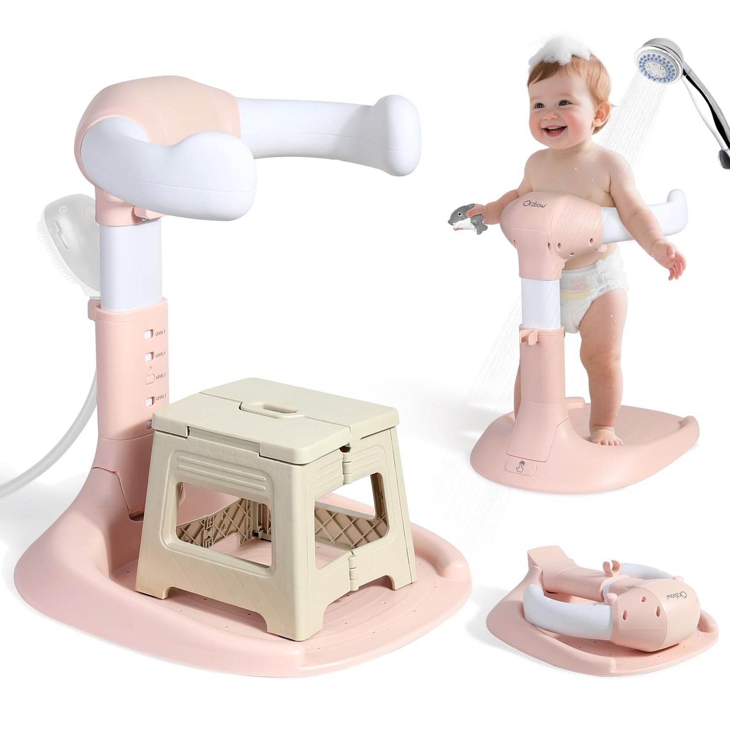 Orzbow Baby Shower Stand, Collapsible Baby Bath Stand with Foldable Chair, Adjustable Height Toddler Shower Standing Support for