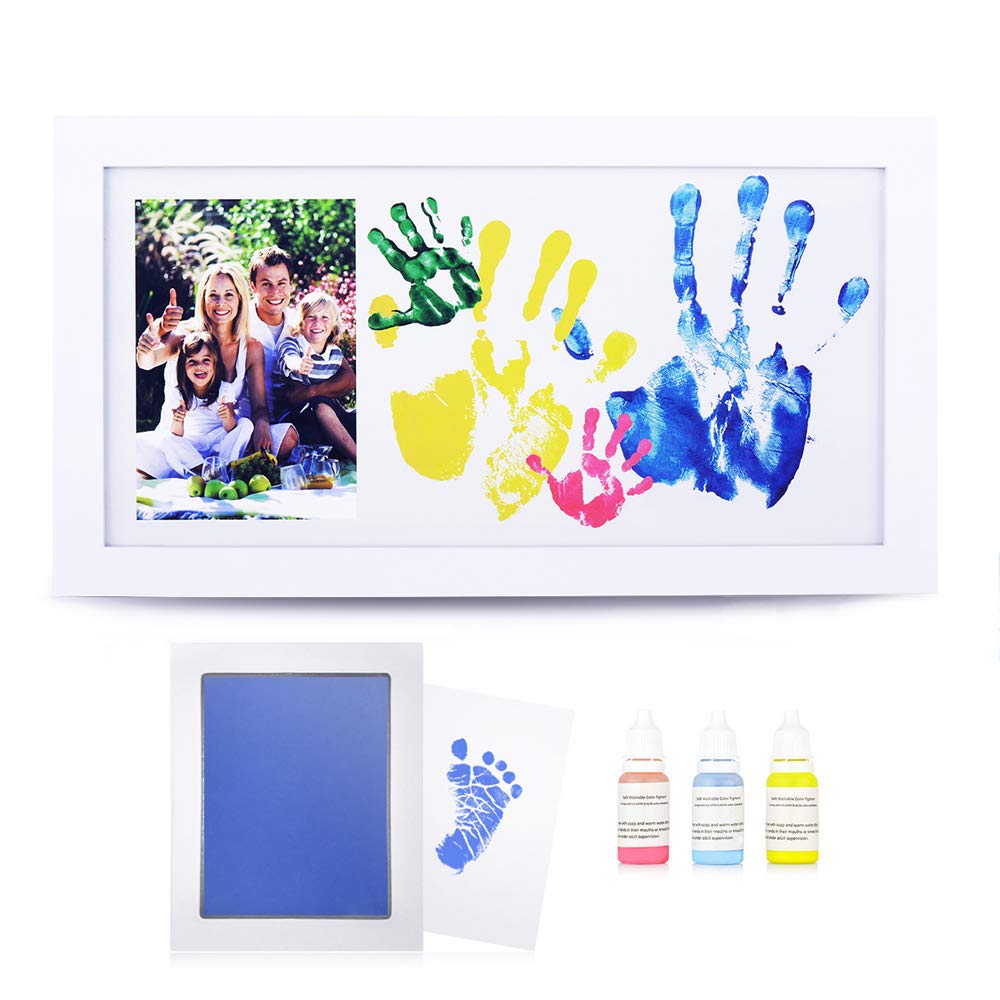 NWK DIY Family Photo + Family Hand/Footprints Kit with 10 X 17inch Elegant White Wood Picture Frame, Non-Toxic Watercolor Paints