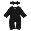Grnshts Newborn Baby Girls Ruffle Ribbed Romper Solid Long Sleeve Jumpsuit One-Piece Coming Home Outfits+Headband (Black, 1-3 Mo