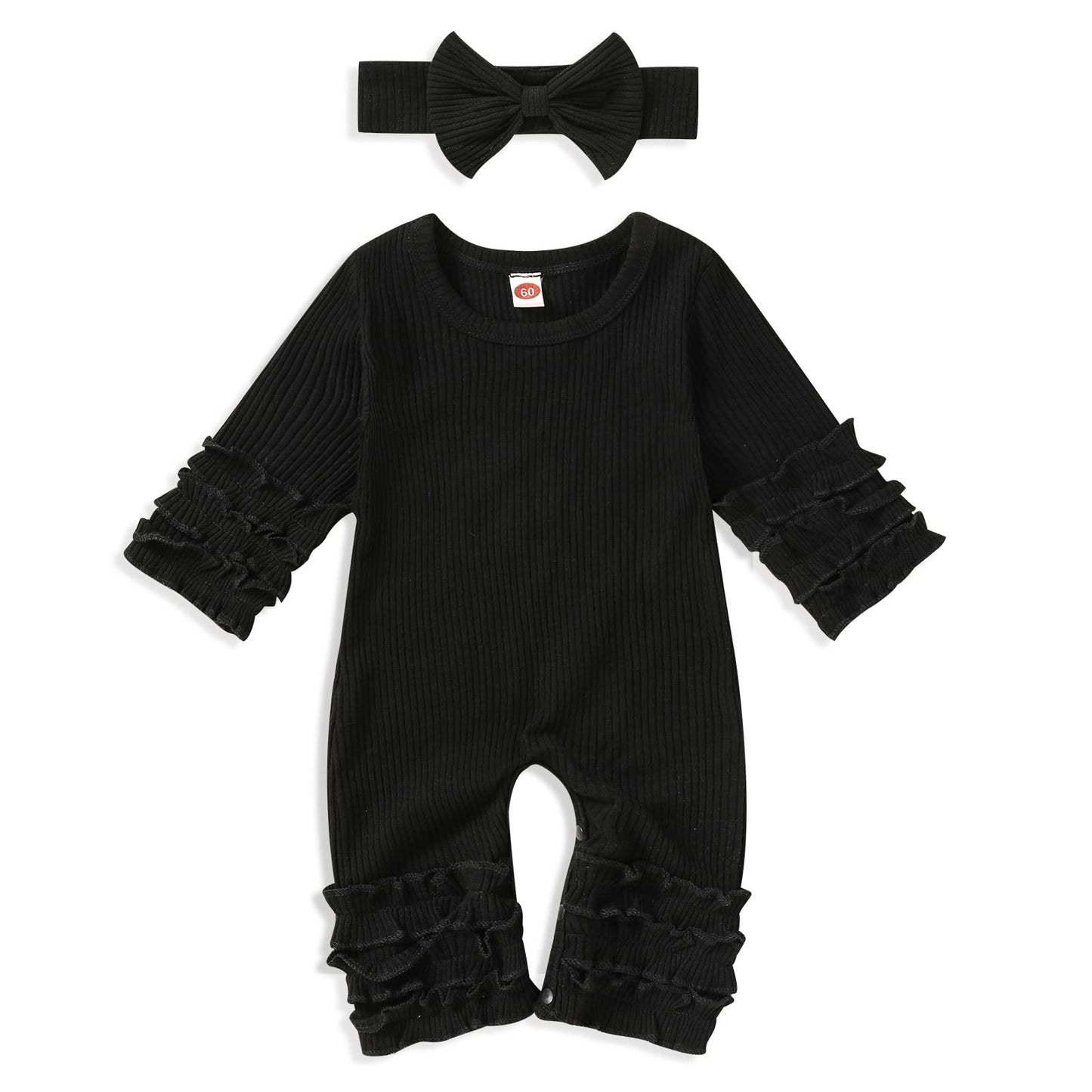 Grnshts Newborn Baby Girls Ruffle Ribbed Romper Solid Long Sleeve Jumpsuit One-Piece Coming Home Outfits+Headband (Black, 1-3 Mo