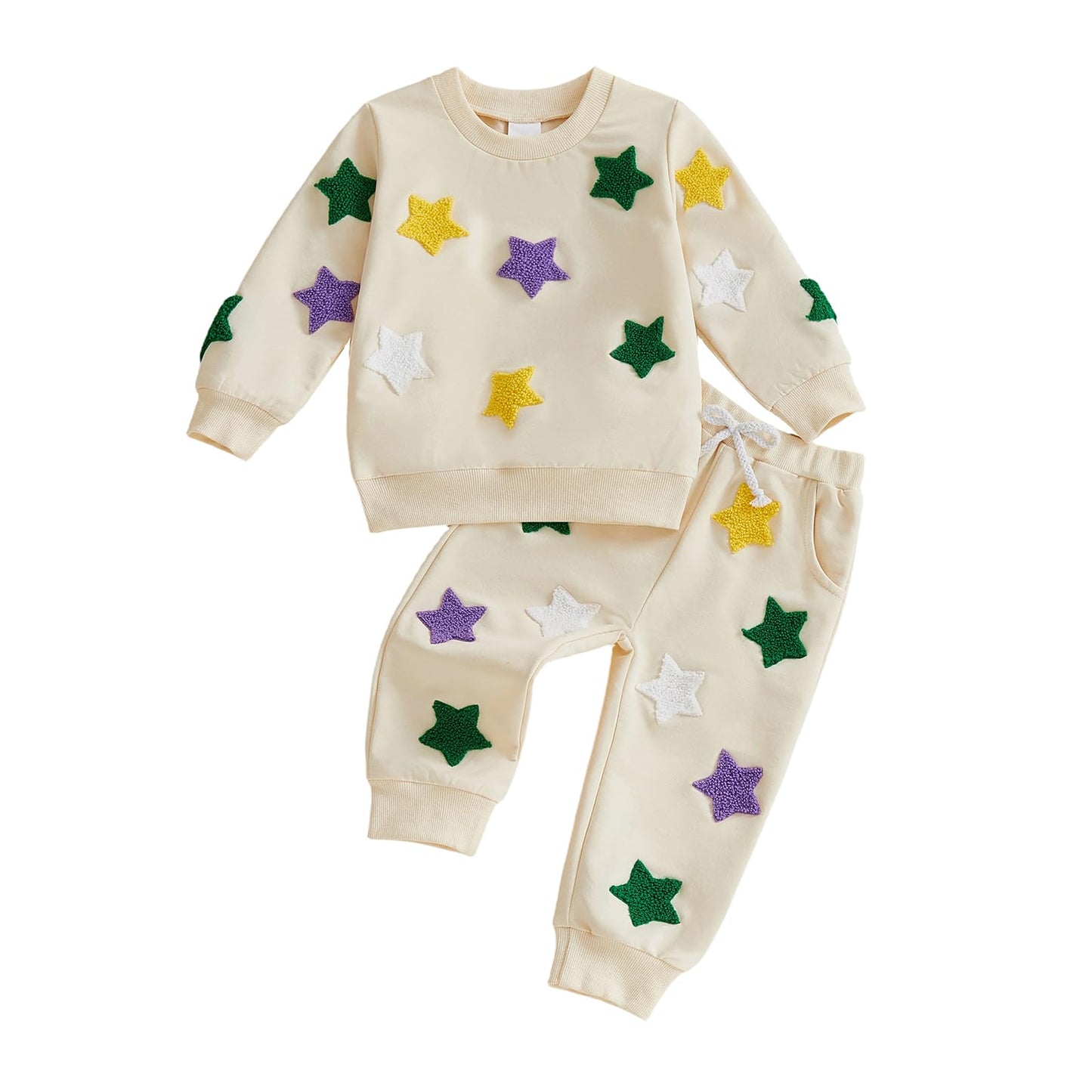 XRTBMN Toddler Boy Girl Mardi Gras Outfit Long Sleeve Star Sweatshirt Tops and Pants Set Infant Baby 2Pcs Spring Clothes (Beige,