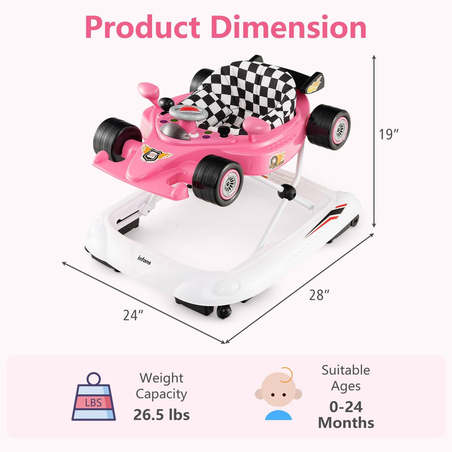 Infans Foldable Baby Walker, 3 In 1 Toddler Activity Center Leaning-Seated Walk-Behind With Steering Wheel, Adjustable Height, L