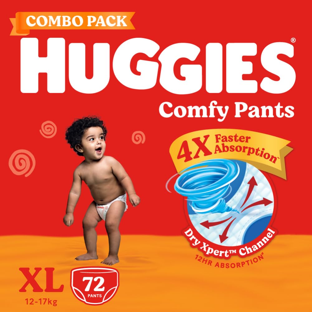 Huggies Comfy Pants Baby Diaper, Extra Large (Xl) Size (1217 Kgs), Pack Of 72 (24 Count, Pack Of 3)