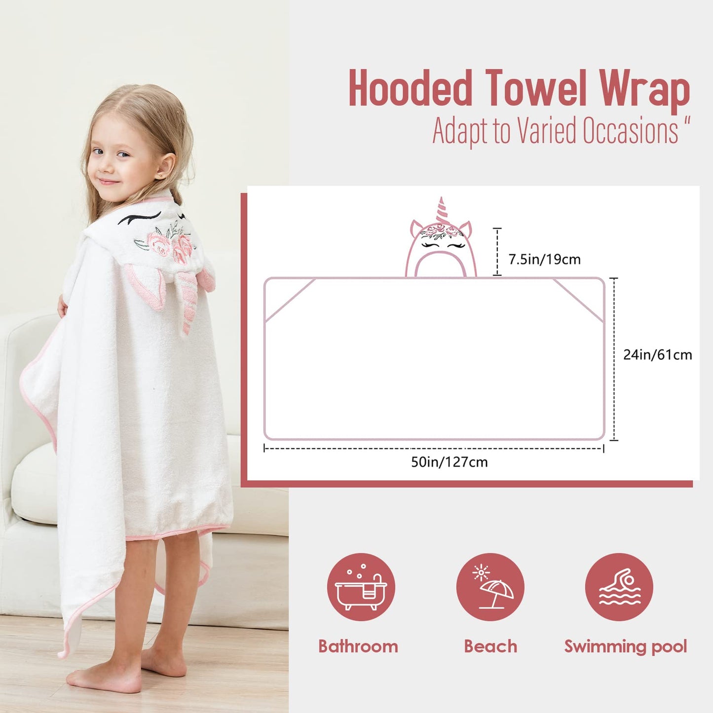 Style Quarters Kids Hooded Bath Towel, Large Kids Bath Towels, Unicorn Kids Beach Towels, 100% Cotton Terry Toddler Hooded Bath