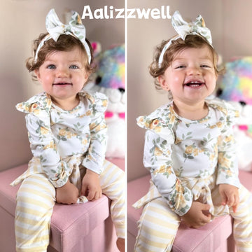 Aalizzwell 6-12 Months Infant Baby Girls Clothes Floral Long Sleeve Striped Fall Winter Spring Outfit Yellow