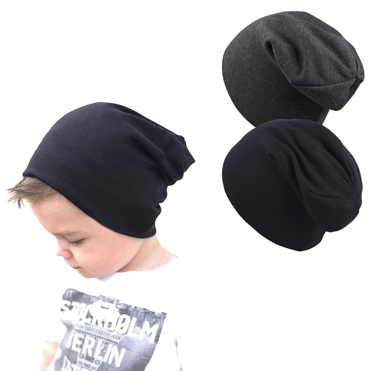 Simleshine Toddler Cotton Beanies For Boys Baby Warm Slouchy Skullcap Hats Toddler Beanie Knit Caps Black,Deep Gray