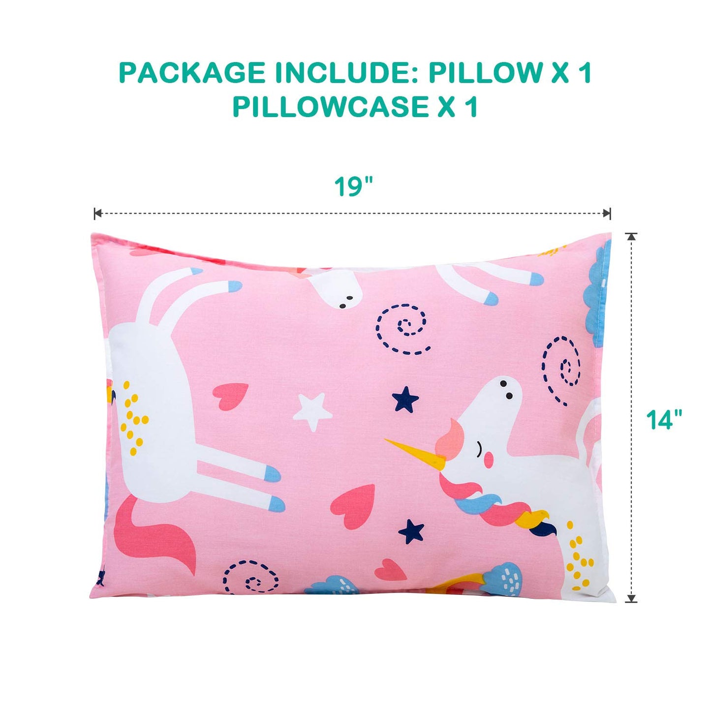Cottonblue Toddler Pillow Set With Organic Cotton Pillowcase, Pink Unicorn, 14X19 Inches, Machine Washable