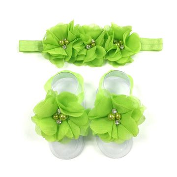 Allydrew Baby Girl Barefoot Flower Sandals & Headbands Set Chiffon Flower Baby Sandals - Sunshine (Set Of 4),One Size
