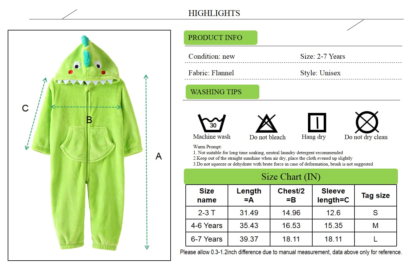 Lolanta Boys Girls Halloween Dinosaur Costume Bodysuit Flannel Toddler One Piece Jumpsuit Kids Gifts (Green, 4-6 Years)