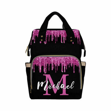Artsadd Customized Diaper Bag With Name, Custom Pink And Black Diaper Backpack For Mom Personalized Mommy Nursing Bags Casual Ba