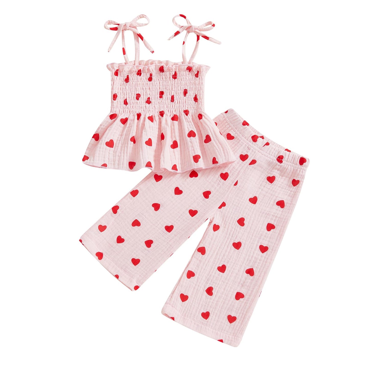 VISGOGO Valentines Day Baby Girl Outfits Sleeveless Smocked Strap Camisole Linen Pants Heart/Bow Baby Summe Clothes (Red-Love He