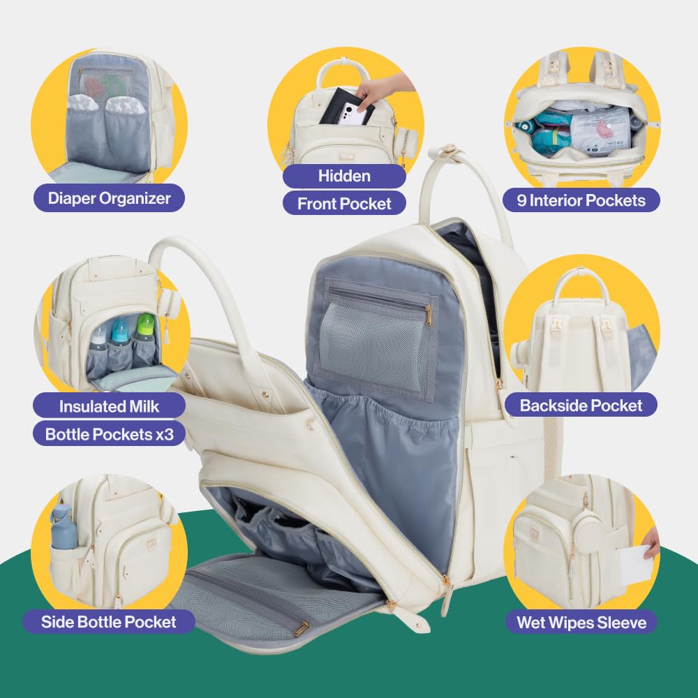 Babbleroo Leather Diaper Bag Backpack - Baby Essentials Travel Baby Bag, Multi Function, Waterproof, With Changing Pad, Stroller
