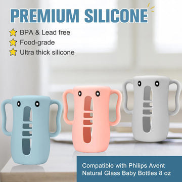 3 Pack Cute Silicone Sleeves With Handles For Avent Natural Glass Baby Bottles - Anti Breakage Holder, Compatible With Philips A