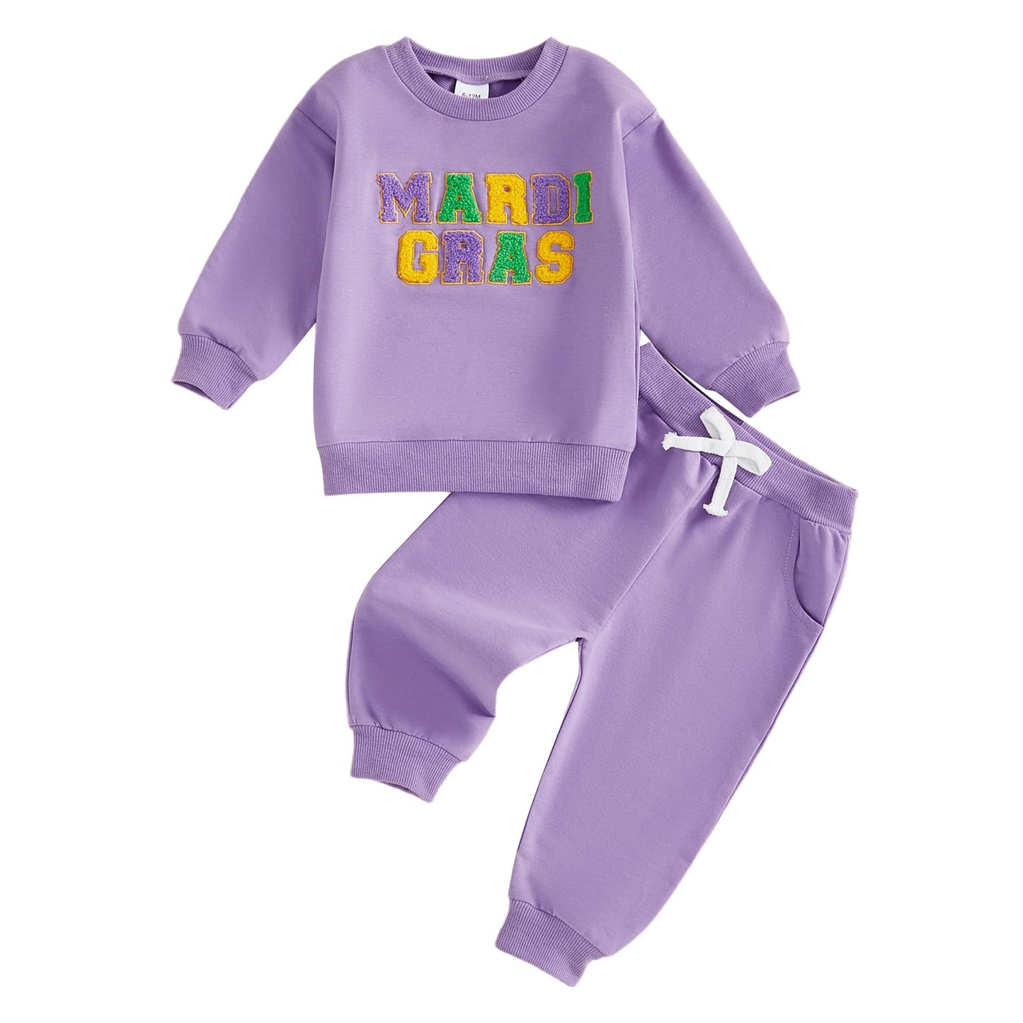 CREAIRY Newborn Toddler Baby Girl Mardi Gras Outfit Letter Sweatshirt Long Sleeve T-Shirt Tops Pants Set Fall Clothes (Purple, 6