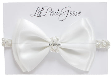 Lilpinkgoose 0-12 Newborn Baby Baptism Pearl Headband With Bow In White Christening Headband With Satin Bow, Pearl Rhinestone Ba