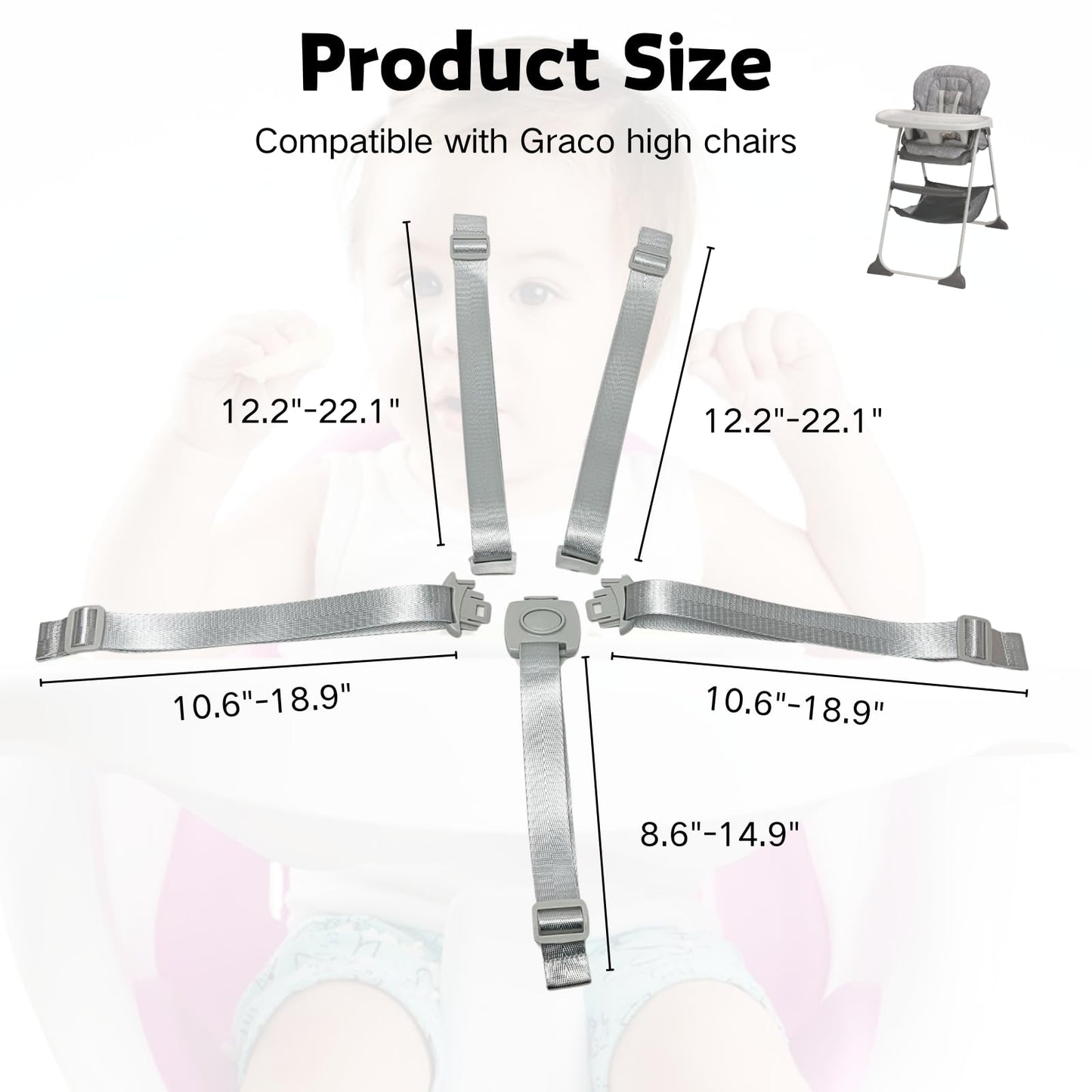 High Chair Straps Replacement Compatible With Graco, Universal 5 Point High Chair Harness Straps Adjustable Sturdy Safety Strap