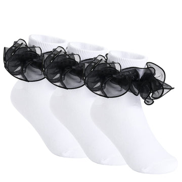 Yepami 3 Pairs Girls Ruffle Socks Big Double Lace Frilly Trim Dress Socks (Black, Medium, 5_Years)
