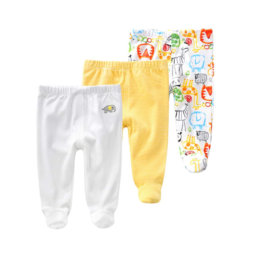 Teach Leanbh Newborn Baby 3 Pack Footed Pants Cotton Embroidery Pringting Casual Leggings 0-12 Months (3-6 Months, Elephant)