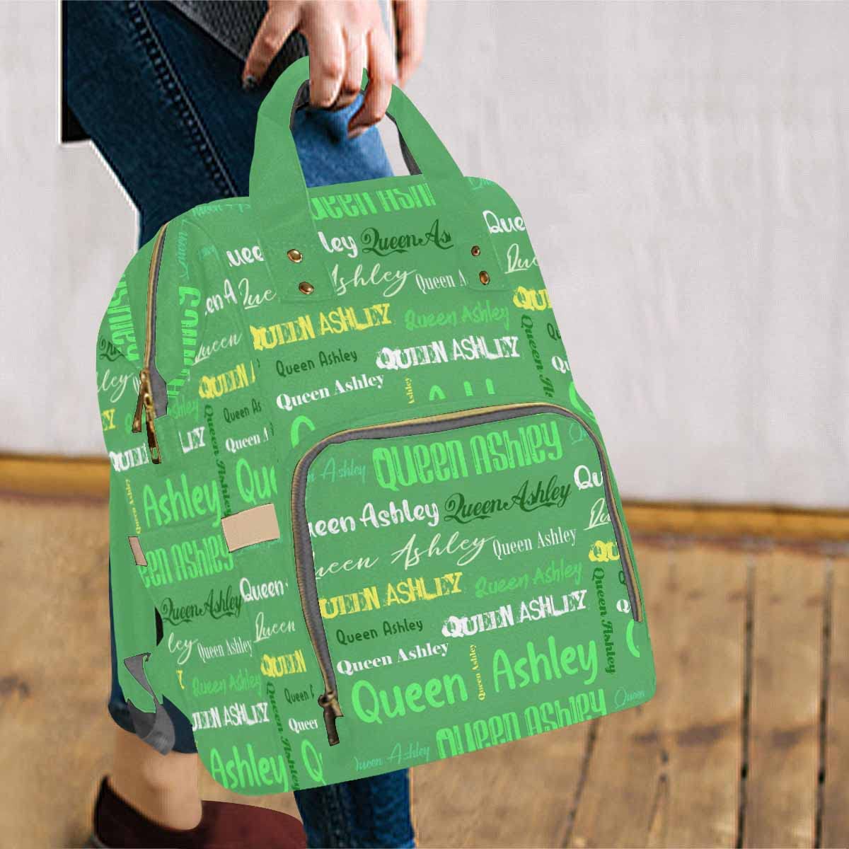Artsadd Custom Name Diaper Bag For Mom, Personalized Light Green Signature Backpack With Stroller Straps Large Travel Shoulder B