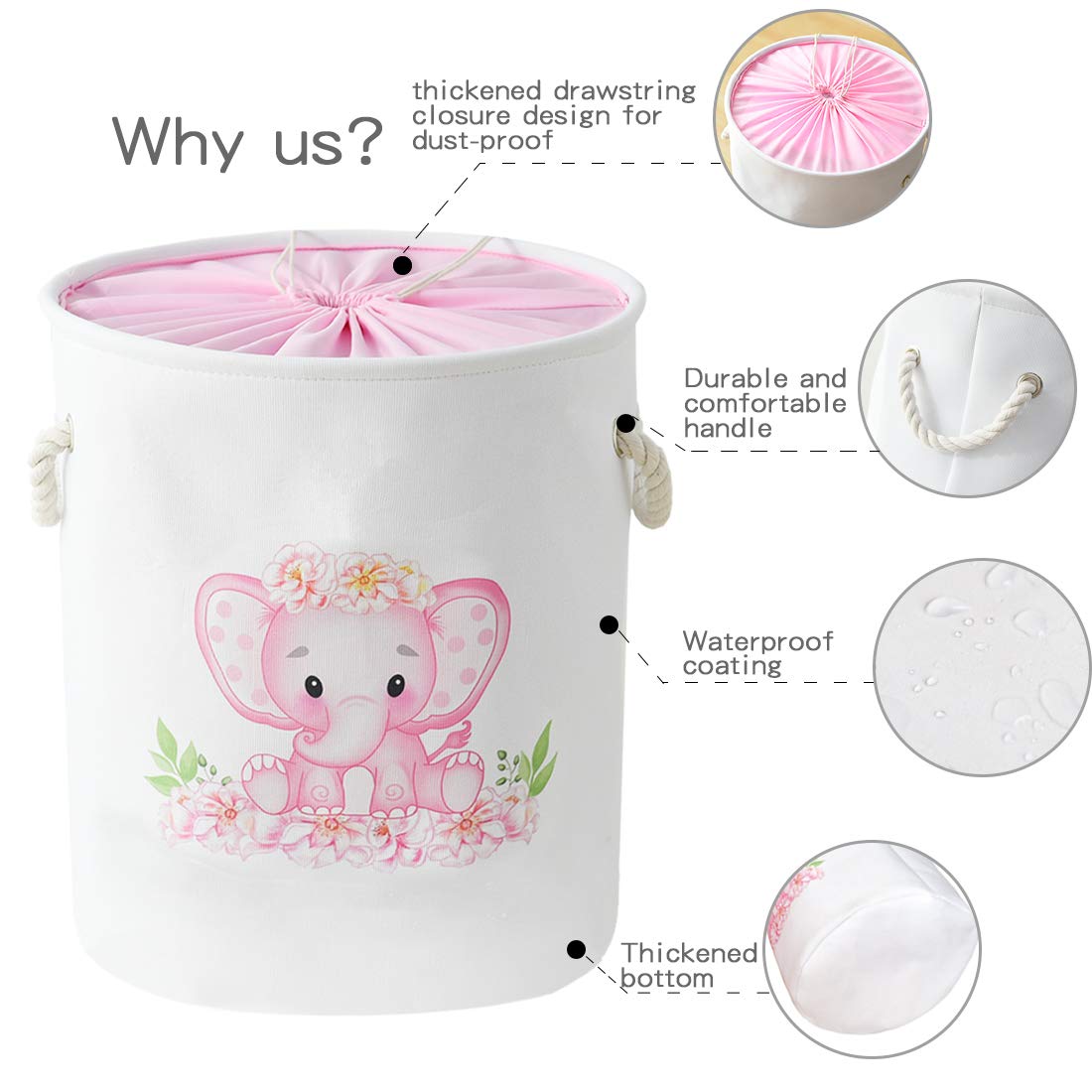 INough Baby Basket Pink Hamper Large Kids Hamper Baby Laundry Hampers for Nursery Girl, Girls Laundry Baskets for Kids, Dirty Cl