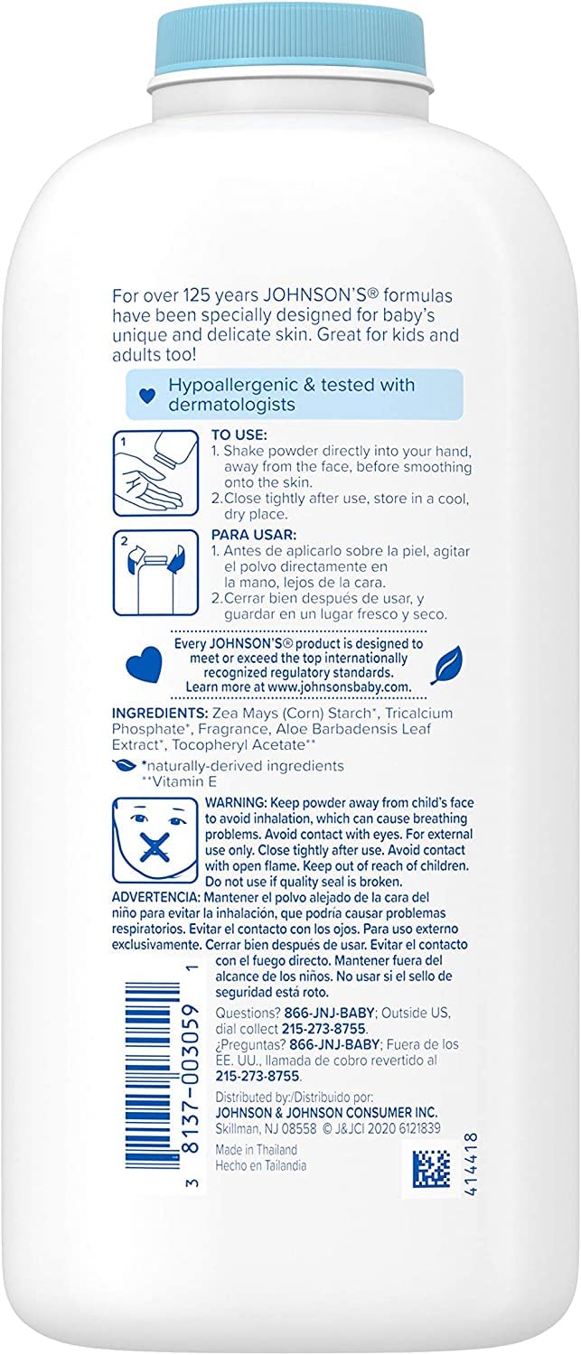 Johnson'S Baby Powder, Pure Cornstarch, Aloe & Vitamin E, 22 Ounce (Pack Of 2) - Packaging May Vary