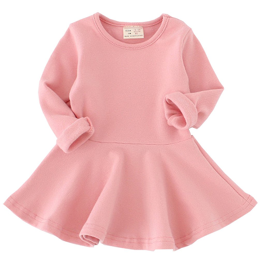 Csbks Toddler Baby Girls Long Sleeve Cotton Dress Solid Ruffle Tops 12 Months Pink