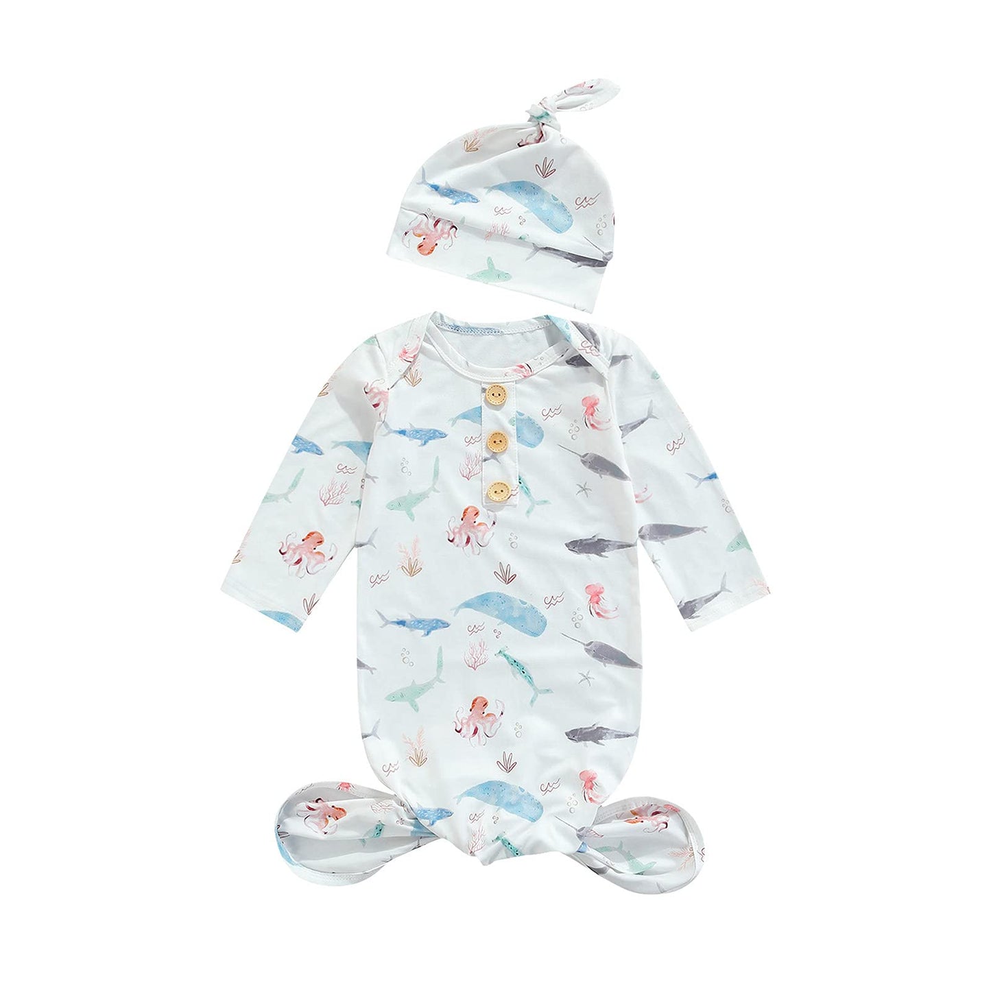 Infant Newborn Baby Boys Sleep Gown Headband Sleepwear Romper Sleeping Bags Outfits (Sea Animal, 0-3 Months)