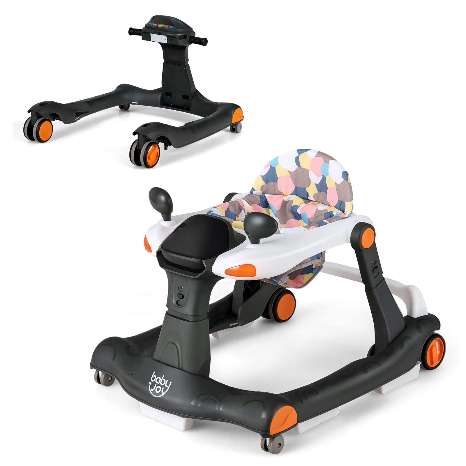 Baby Joy 2 In 1 Baby Walker, Foldable Activity Walker With Adjustable Height & Speed, Music, Lights, Mirrors, Padded Seat Cushio