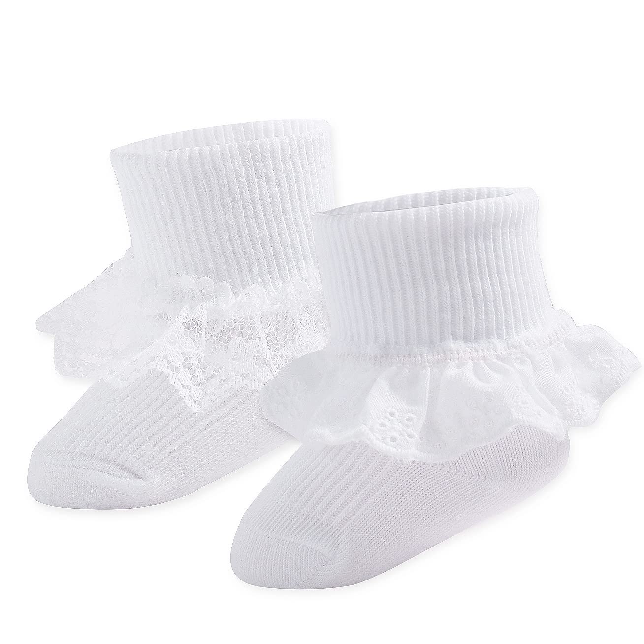 Hakugoo Baby Girl Socks Newborn Eyelet Lace Ruffle Socks Turn Cuff Socks 2 Pairs Ankle Dress Sock For Infant (Lace+Eyelet, 0-3 M