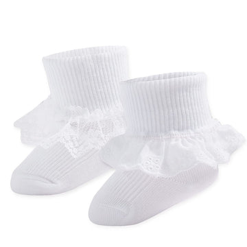 Hakugoo Baby Girl Socks Newborn Eyelet Lace Ruffle Socks Turn Cuff Socks 2 Pairs Ankle Dress Sock For Infant (Lace+Eyelet, 0-3 M