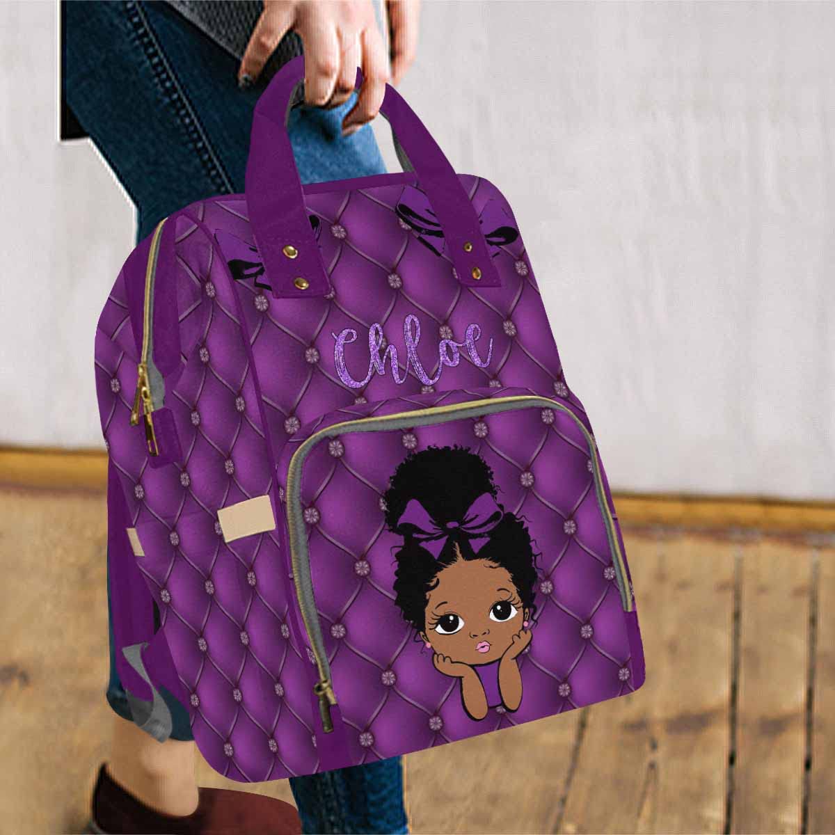 Artsadd Customized Diaper Bag Mommy Nappy Bags, Personalized Purple Bowknot Handbags Large Capacity Multi-Function Nursing Bags