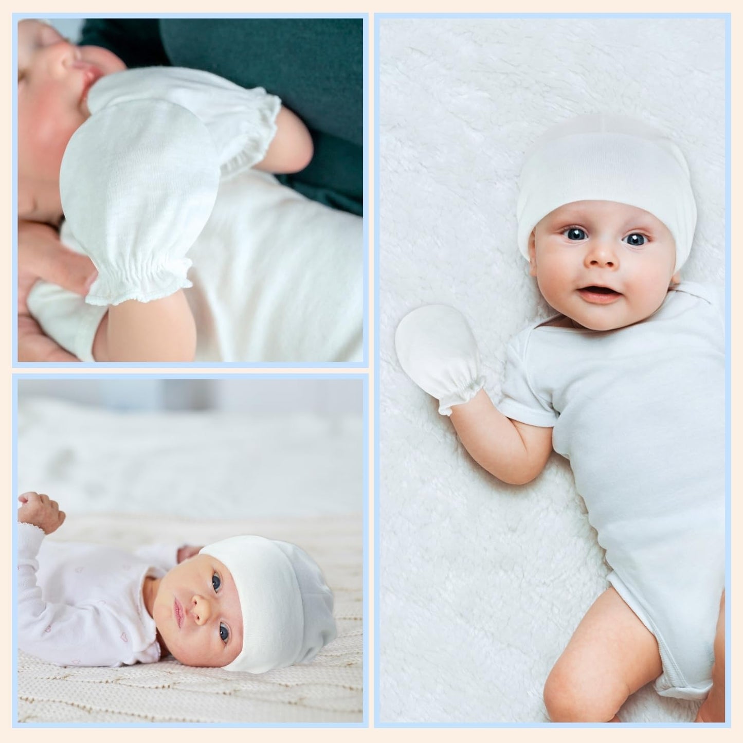 Rative Newborn Baby Mittens And Caps Set Cotton Gloves No Scratch Mittens For 0-6 Months Boys Girls (6White(Mittens+Caps))