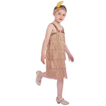 Sincere Party Roaring The 20S Gold Flapper Costume Dress With Pearl Necklace,Feather Headband For Girls,Gangster Flapper Dress F
