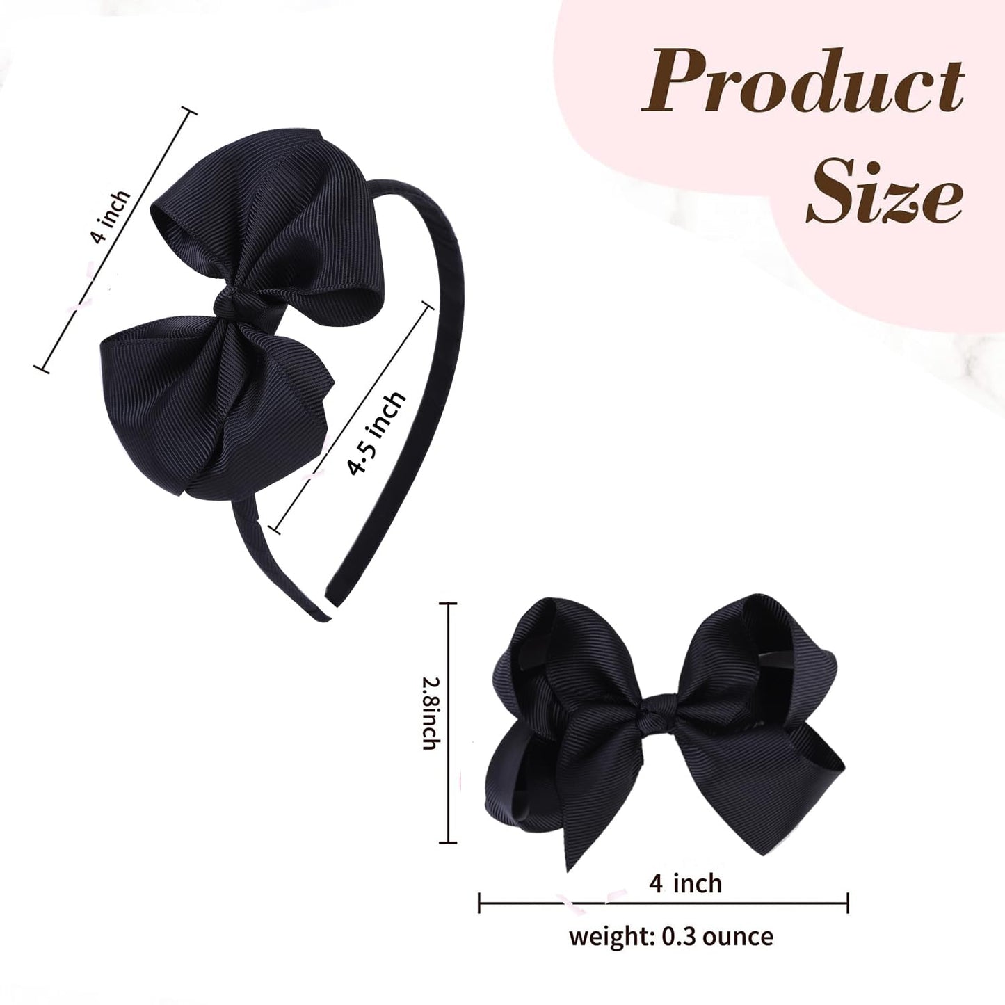 Black Bow Headband & 2 Pcs 4 Inch Hair Bows Set, Back School Hair Accessories For Little Toddler School Girls (Black)