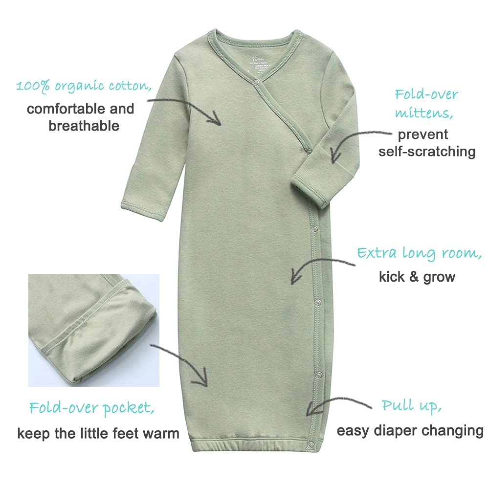 O2 Baby Baby Organic Cotton Kimono Gown With Mitten Cuffs And Fold-Over Pouch, Unisex Long Sleeve Infant Sleeper Sleeping Bag(3-